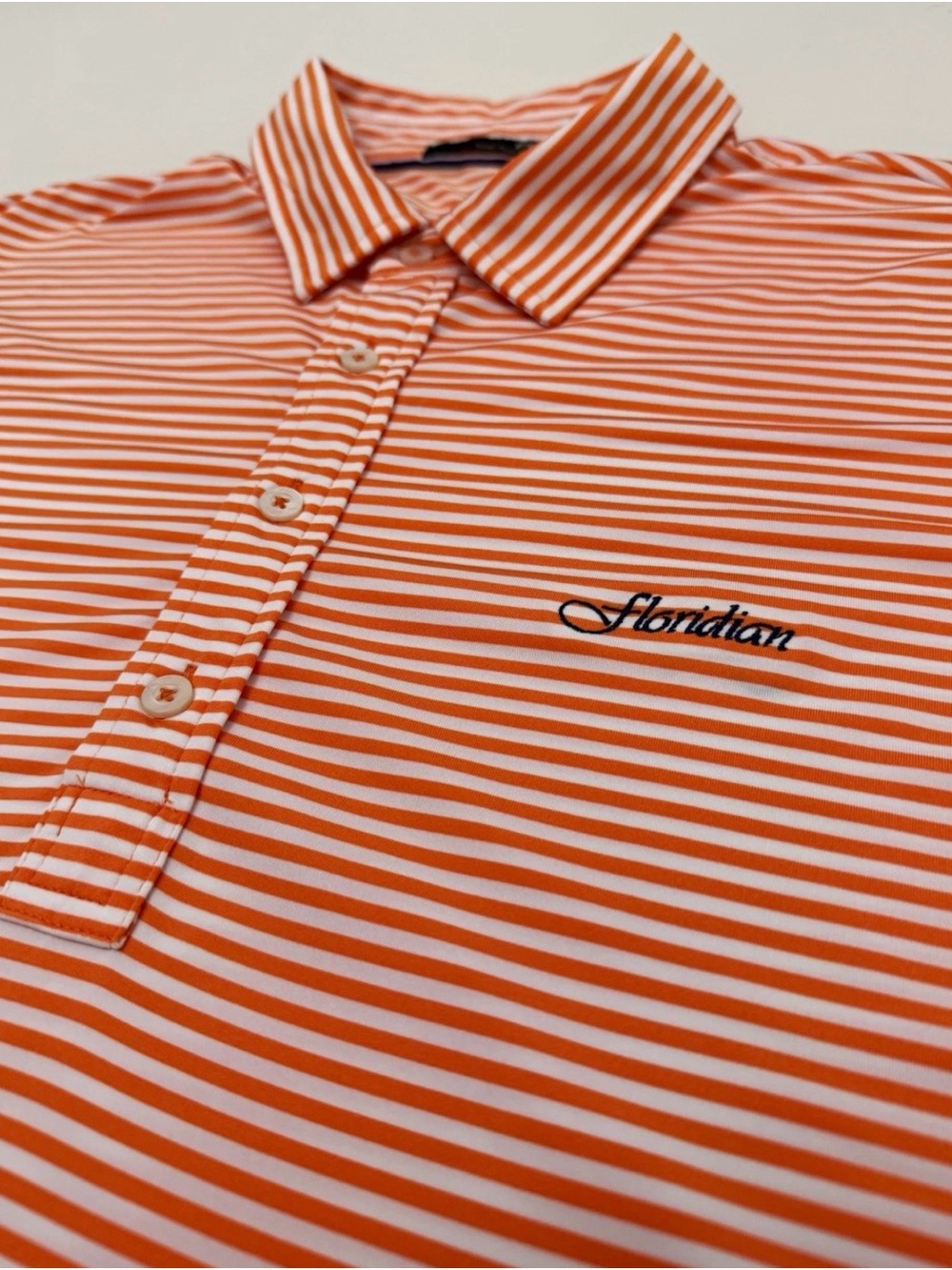 RLX Ralph Lauren Orange/White Striped Golf Polo “Floridian”Embroidered Logo